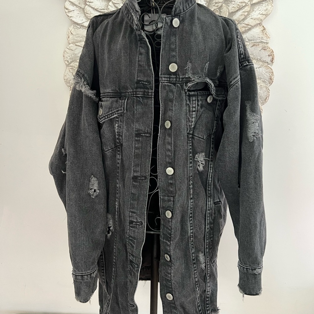 Zara Charcoal Distressed Denim Jacket